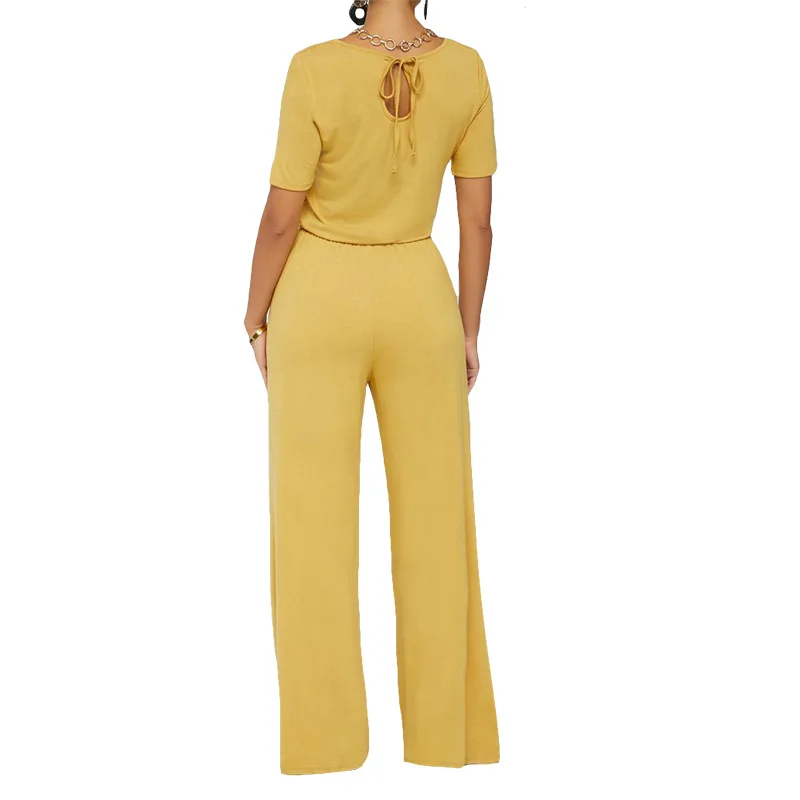 

Straight Rompers Womens Jumpsuit Crew Neck Short Sleeve Wide Leg Bodysuits Summer High Waist Sashes Full Length Overall