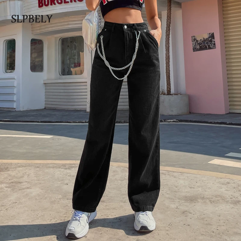 

SLPBELY Black Wide Leg Jeans Women Solid Casual Streetwear 2021 Fashion Ladies High Waist Jeans Denim Pants Trousers with Chain