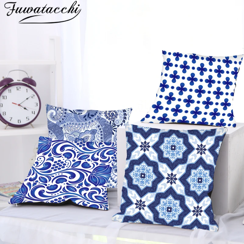 

Fuwatacchi Peach Skin Velvet Pillow Cover Blue Geometric Flower Printed Cushion Cover Decorative Pillow Case For Home Sofa Decor