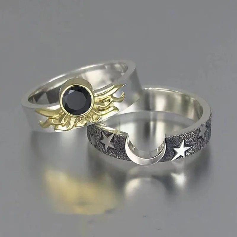 

2Pcs Sun And Moon Couple Rings For Women Men Lover Black Silver Color Engagement Wedding Valentine's Day Gift Lovers Paired Ring
