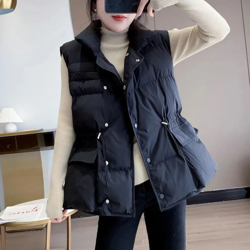 

Korean Fashion Cotton Vest Jacket Women Clothes 2022 Fall Winter Stand Collar Sleeveless Coat Female Casual Cardigan Pull Femme