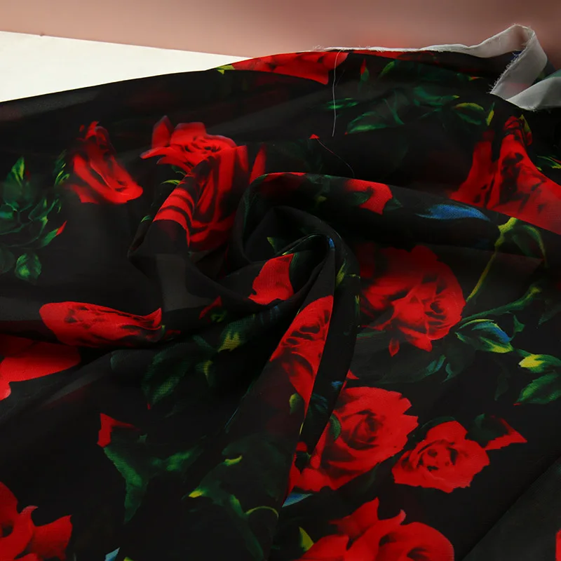 

145x100cm Printed Chiffon 3D Beautiful Black Rose Fabric Is Light And Breathable To Make Yarn Skirt Scarf