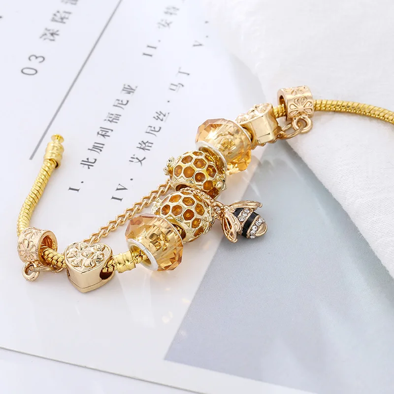 Шарм Золотой Апис флорея браслет соты эмаль жемчуг Сплав пластина с серебряным