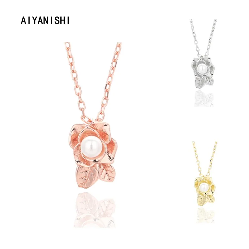 

AIYANISHI 925 Sterling Silver Shell Pearl Flower Pendant Necklace Engagement Natural Pearl Pendant Necklace Romantic Jewellery