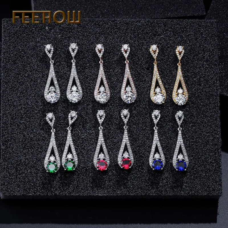 FEEHOW красные длинные элегантные высококачественные серьги с кубическим
