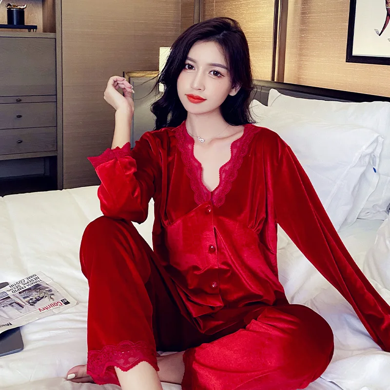 Button Up Pajama Set Woman Winter Simple Lace Pajamas Set Warm Fashionable Sexy Home Wear Plush Long Sleeve Pajamas Set
