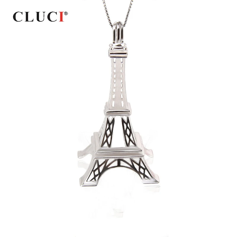 CLUCI 925 Sterling Silver Eiffel Tower Shaped Pearl Cage Pendant Romantic Silver Charms Pendant for Women Locket Jewelry SC294SB