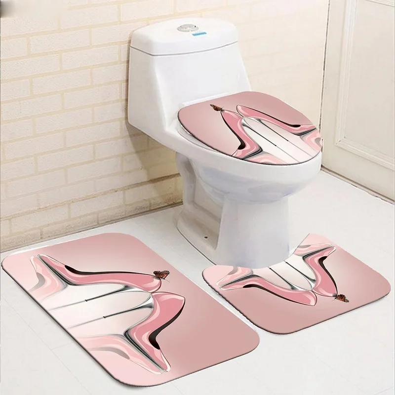 

Red Lips Bathroom Curtain Set Pink High Heel Bath Mat Sets Shower Curtains with Hooks Black Non-Slip Pedestal Rug Toilet Cover