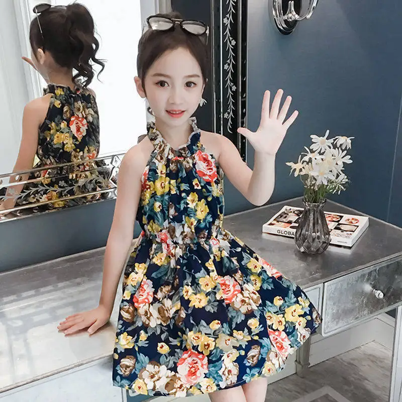 2022 New Summer Girls Sling Dress 12 Children's Clothing 10 Clothes 9 Student Fashion 7 Kids 8 Years Old Printed Waist Dresses