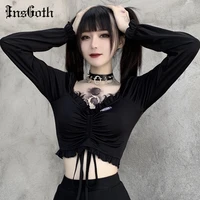 insgoth bandage bodycon long sleeve crop tops female black v neck streetwear punk slim tops autumn gothic harajuku top