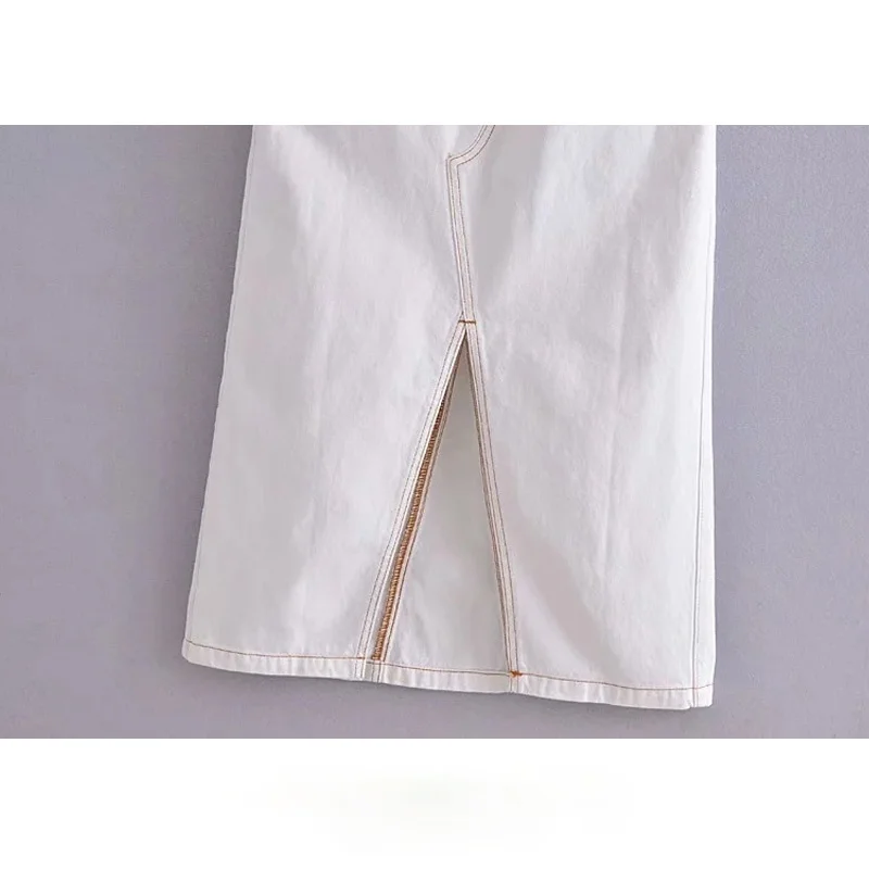

Women 2021 Fashion Pockets Vents Hem Denim Midi Pinafore Dress Vintage Backless Adjustable Straps Female Dresses Mujer