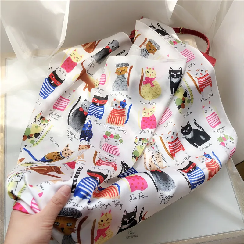 

Fashion Silk Satin Neck Scarves For Women Cartoon Animal Print Kerchief Hair Scarf Female 90*90cm Square Shawls Wraps Bag Scarfs
