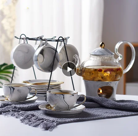 

Marbling Porcelain Tea Set Nordic Ceramic Tea Cup Pot with Candler Strainer Floral Teapot Set Cafe Mug Teaware Coffee Cup Teacup