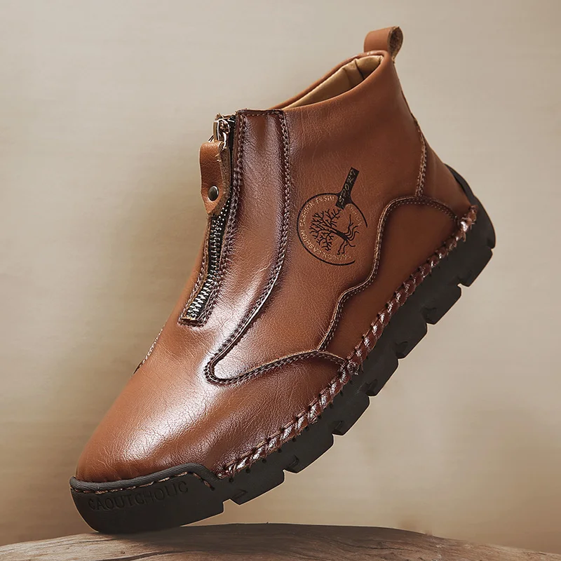 

Men's Soft Leather High Shoes Fashion Sewing Soles Slip-On Shoes Classic Zipper Opening Casual Shoes British Retro Men Shoes