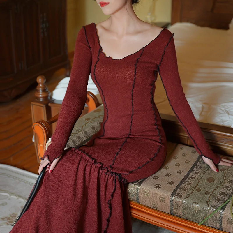 

Dresses Women's Korean fashion Autumn and Winter New Long-Sleeved Fishtail Dress High Waist Slim Looking Base Long Dress Kawaii