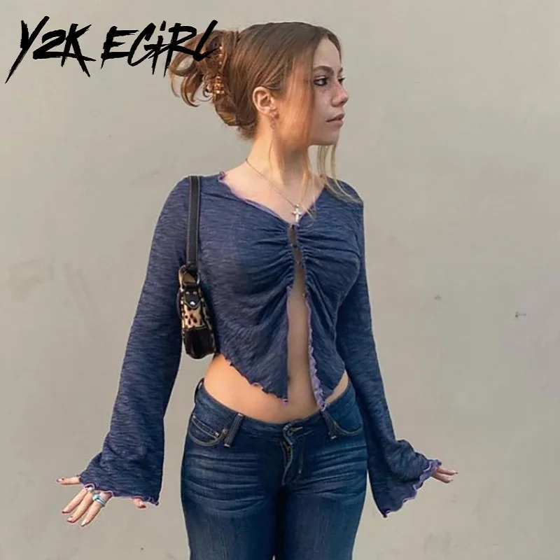 Y2K EGIRL Fairycore Y2K Streetwear V-neck Flare Sleeve T-shirts Vintage E-girl Sexy Button Up Slit Crop Top Hollow Out Green Tee