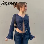 Уличная одежда Y2K EGIRL Fairycore Y2K, футболки с V-образным вырезом и расклешенными рукавами, винтажный пикантный укороченный топ для E-girl с пуговицами и разрезом, ажурная зеленая футболка