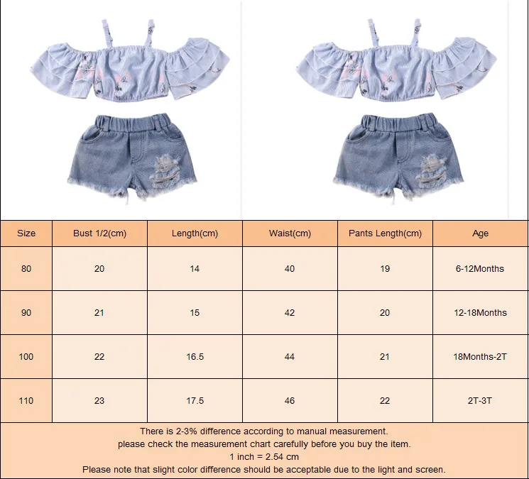 

Fashion Kids Baby Girls Clothes Off Shoulder Ttriped Shirt Tops Ripped Denim Shorts Set Baby Sling Crop Top Sunsuits