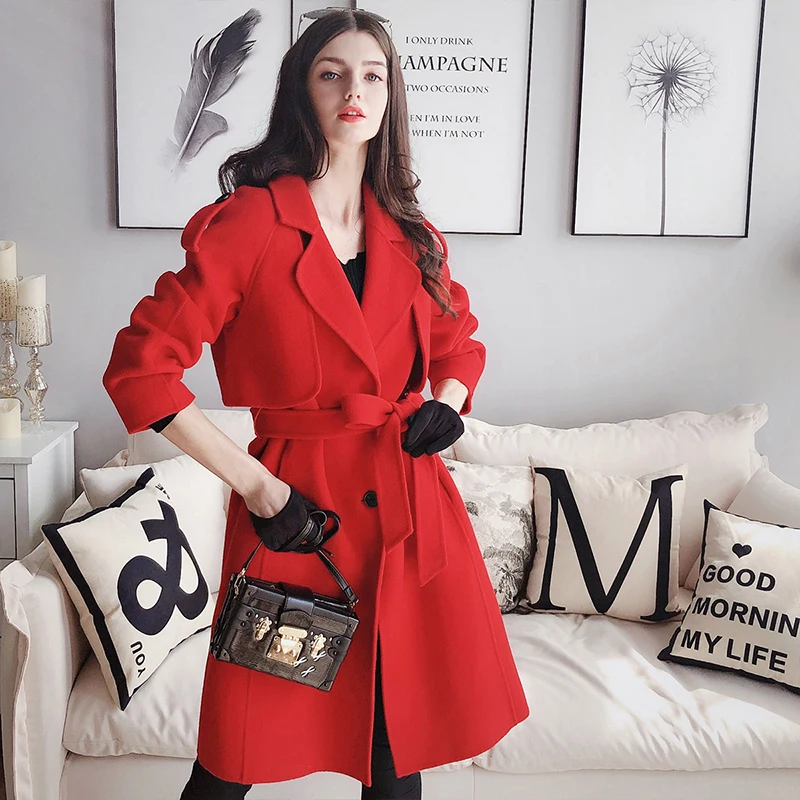 

Dabuwawa Elegant Turn-down Collar Belt Trench Wool Coat Women Autumn Solid Pocket Front Office Lady Long Outerwear DN1DLN004