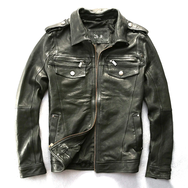 

Men's 2020 New Genuine Leather Jacket Vegetable tanning Black Lapel Epaulet Sheepskin Men Winter Slim Fit Russian Coats