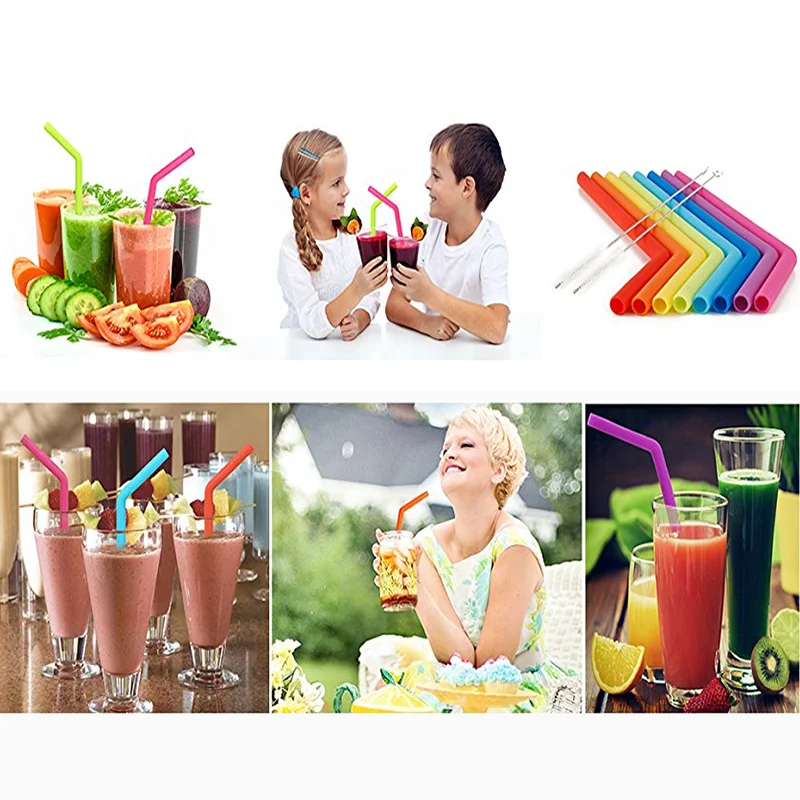 

6 Silicone Straws, Reusable Food-grade Flexible Straws, with Cleaning Brush, Curved Straight Straws, Party Bar Accessories