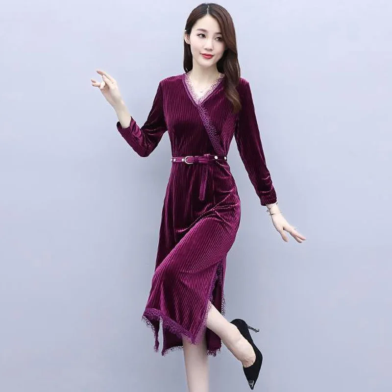 

Spring Fall Womens V Neck Lace Patchwork Wine Red Black Placket Velour Dress , Pearls Belt Velvet Dresses for Woman Clothes