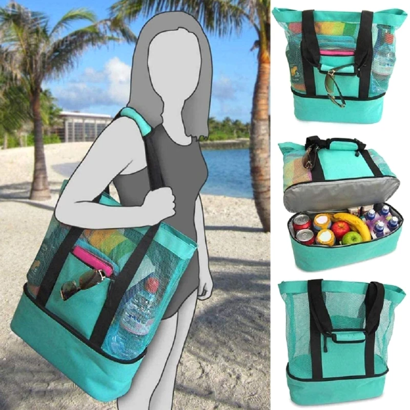

Mesh Refrigerator Compartment Ladies Picnic Bag Oversized Zipper Closed Beach Tote Bag Large Capacity Holiday Beach Park
