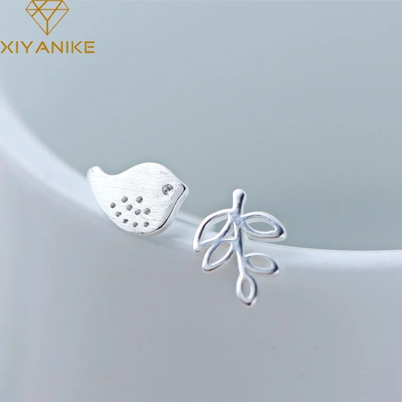 Женские серьги гвоздики из серебра 925 пробы с листьями птицы|Серьги-гвоздики| |