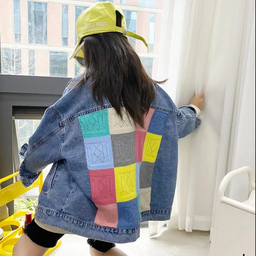 

Джинсовая куртка для маленьких девочек и мальчиков, демисезонная Новая Вязаная ковбойская куртка в стиле пэчворк, детские топы, модель wz346