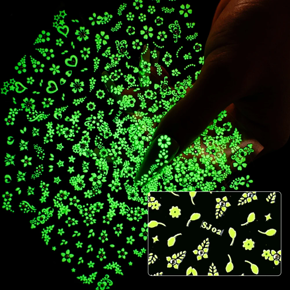 

Люминесцентные наклейки для ногтей с изображением бабочки цветка лист самоклеющиеся Маникюр-наклейки для ногтей наклейки светится в темно...