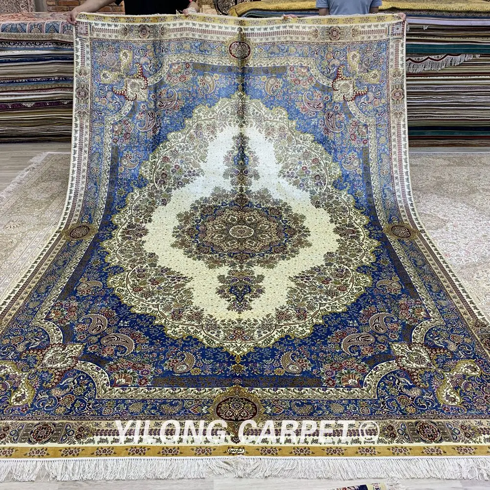Yilong Большой бежевый и синий античный шелковый ковер 8x11 ручной работы турецкого
