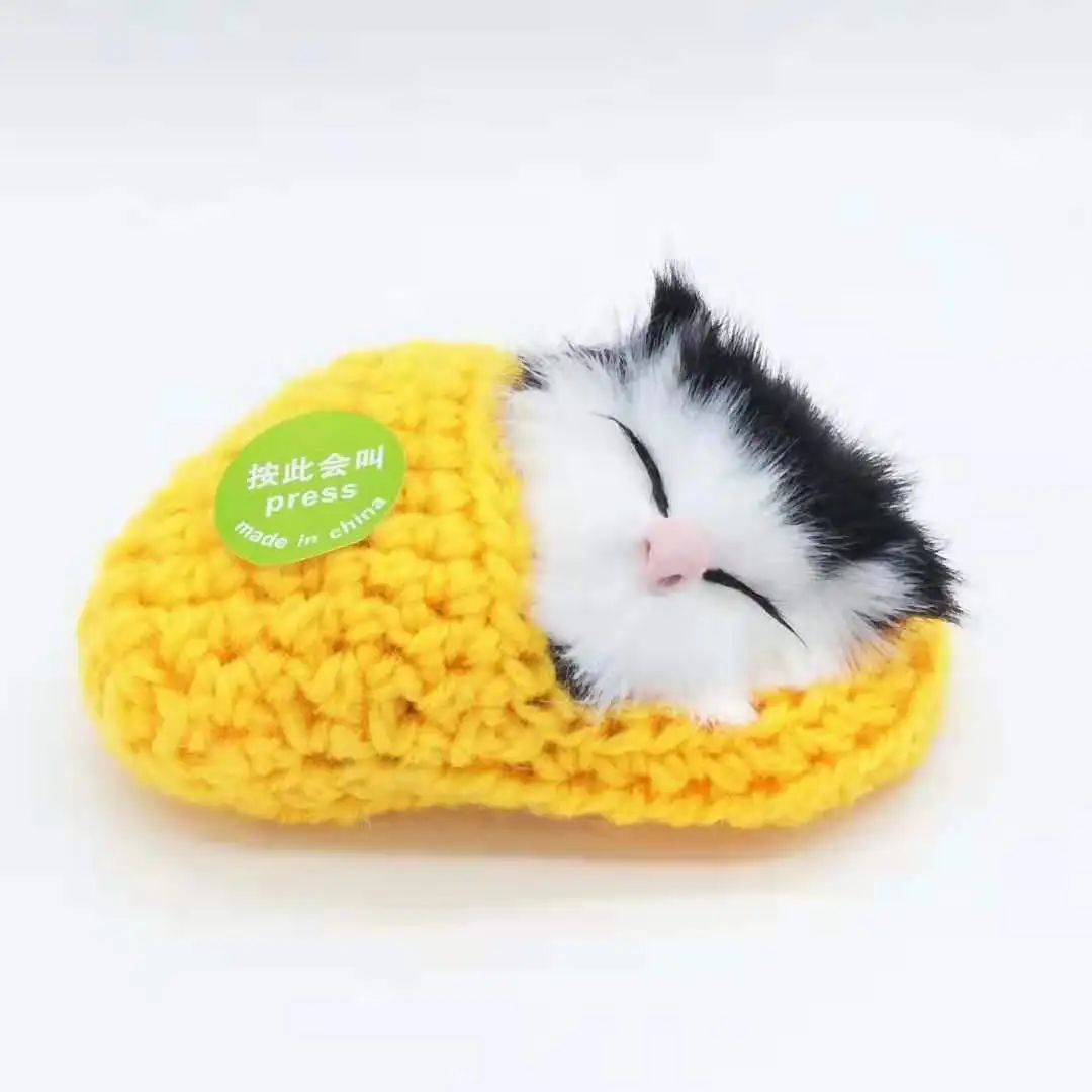 

New Simulation Cute Plush Sleeping Cat Sounding Gift In Knitting Shoe For Kids
