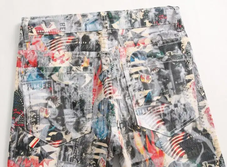 Hair stylist autumn homme jeans flag printed pants men's flower trousers slim men's feet pants stretch British