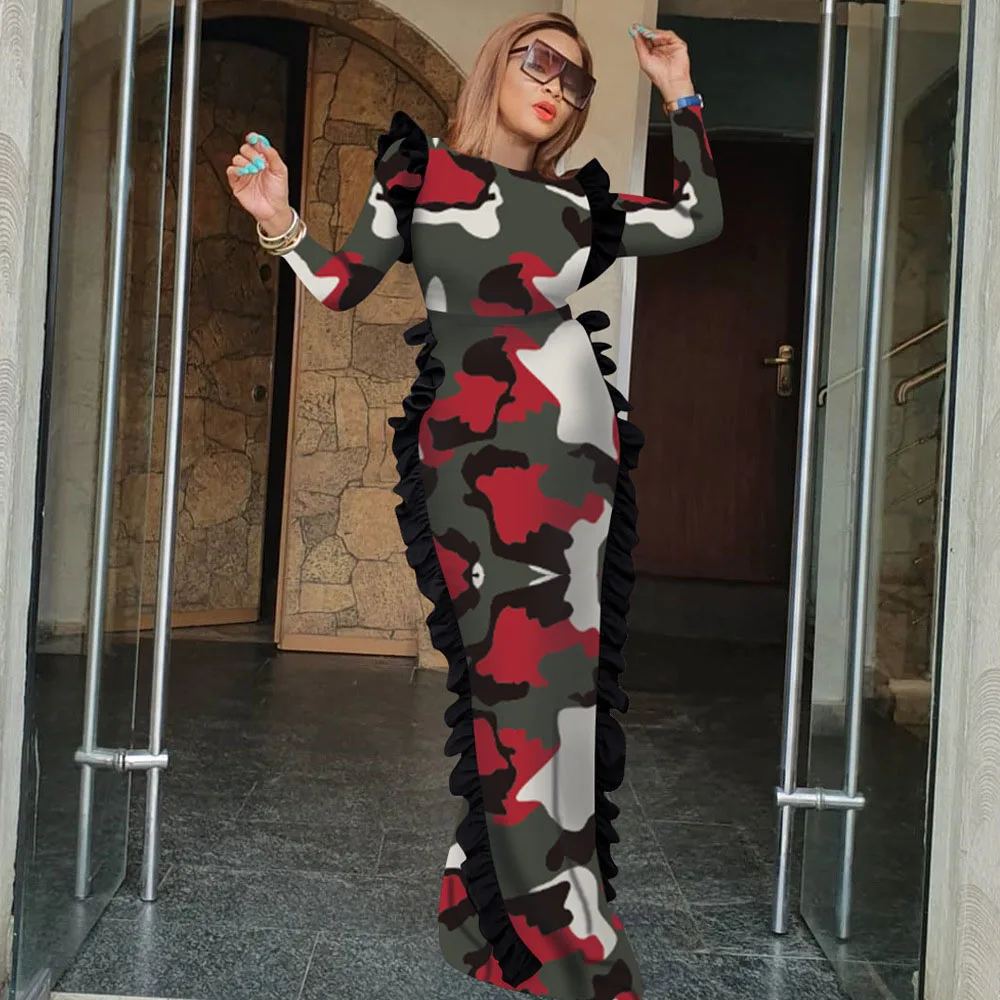 Женское длинное платье с леопардовым принтом камуфляжное зеленое в стиле