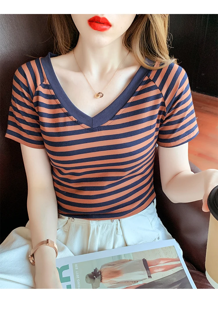 

Houthion Women's T-shirt New Stripe Cotton Top V-neck Fashion Tees Casual T Shirt Short Sleeve Slim
