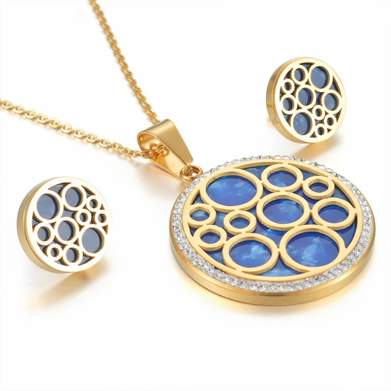 Женские круглые серьги-подвески Синие стразы из нержавеющей стали золотистого