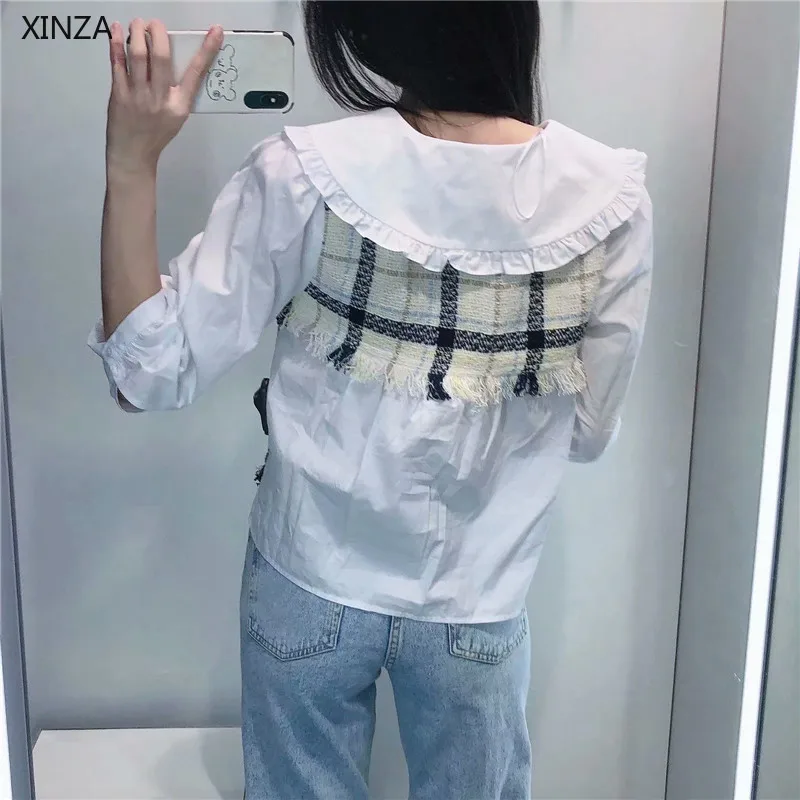 

Za Women Spliced Textured Shirt 2021 Long Sleeve Frayed Hem Vintage Top Woman Fashion White Summer Blouse Blusas