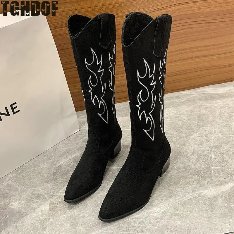 Женские ковбойские ботинки с острым носком и вышивкой 2021 повседневные длинные на