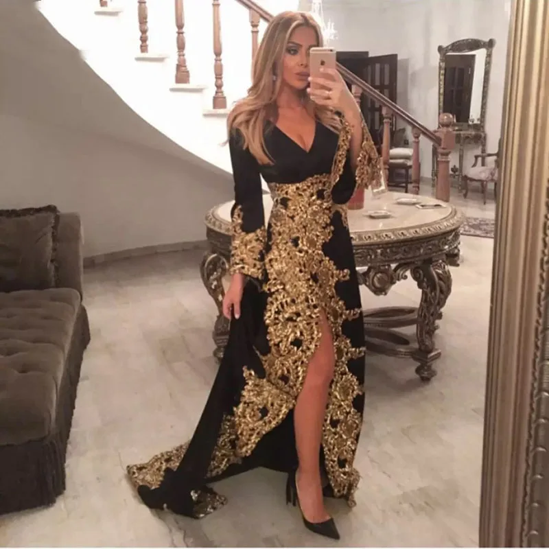 

Eightae Morocco Kaftan Evening Dress V-Neck Black and Gold Appliques Long Sleeve caftan African Muslim Arabic Prom Party Gown