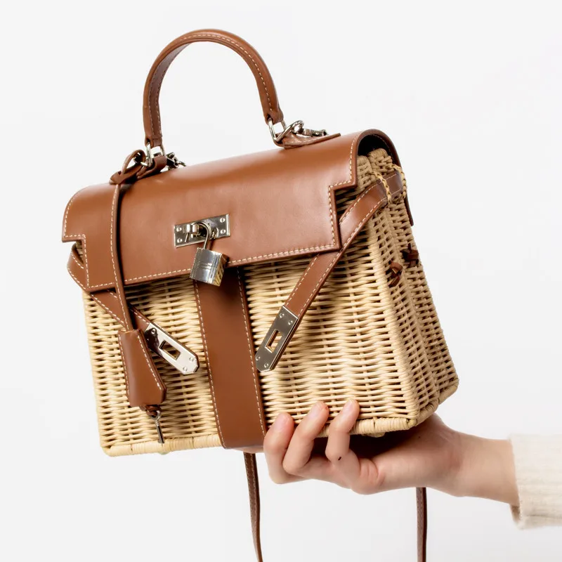 

Genuine Leather Handmade High Quality Rattan Bag Large Capacity Women's Woven Holiday Package Aircraft Transportation