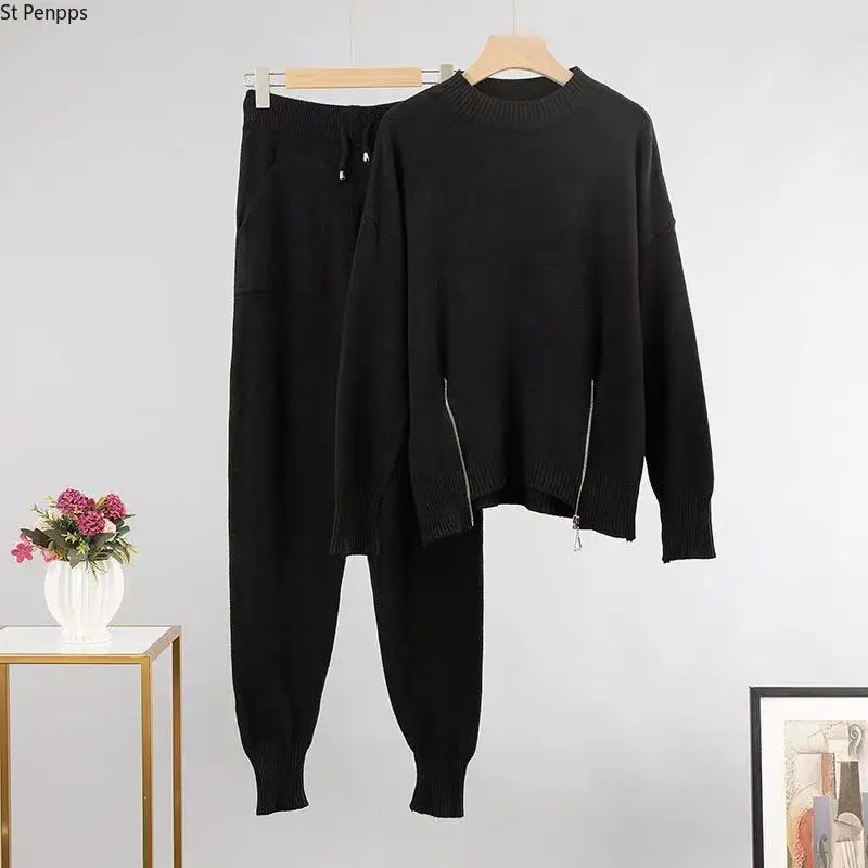 

2021 2Pieces Set Women Knitted Tracksuit Turtleneck Sweater + Carrot Jogging Pants Pullover Sweater Set Knitted Outwear