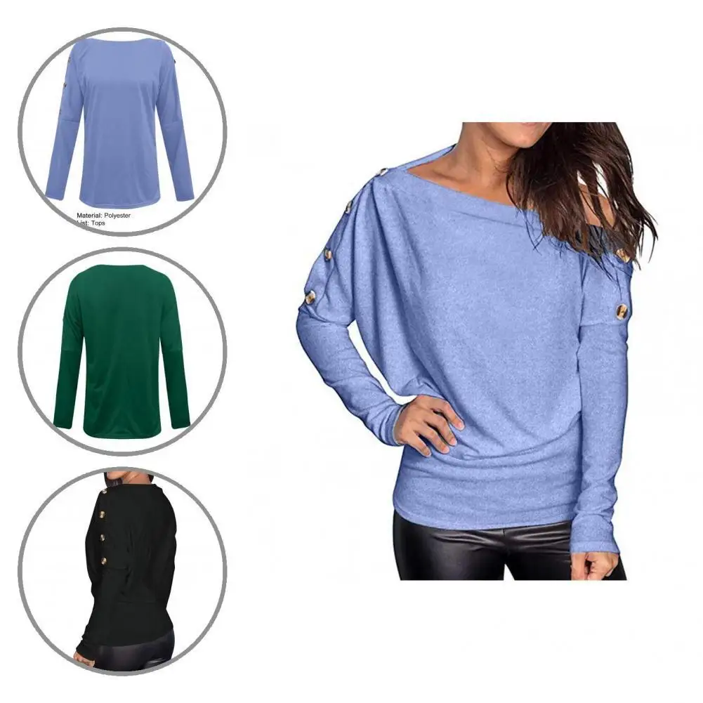 

Casual Blouse Long Sleeve Fashion Loose Slash Collar Buttons Decor Pullover Top