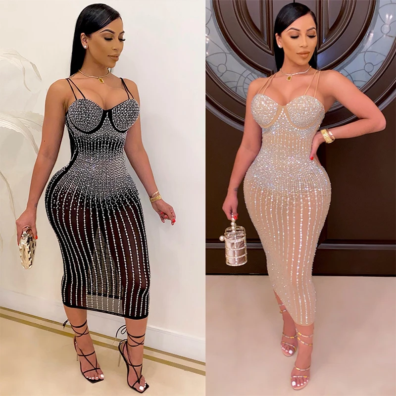 

Fashion Women Rhinestones Bandage Dress Spaghetti Strap Hot Drilling Backless Skinny Bodycon Mid-Calf Evening Party Dress S-XL