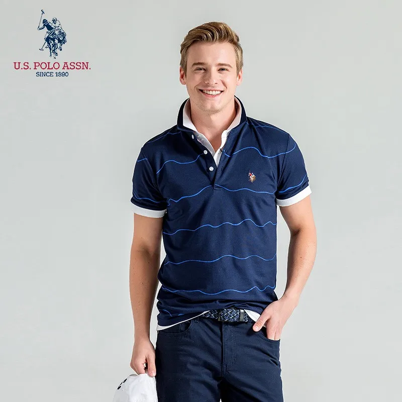 Polo Assn. Летняя новая мужская рубашка-поло в полоску с коротким рукавом из хлопка