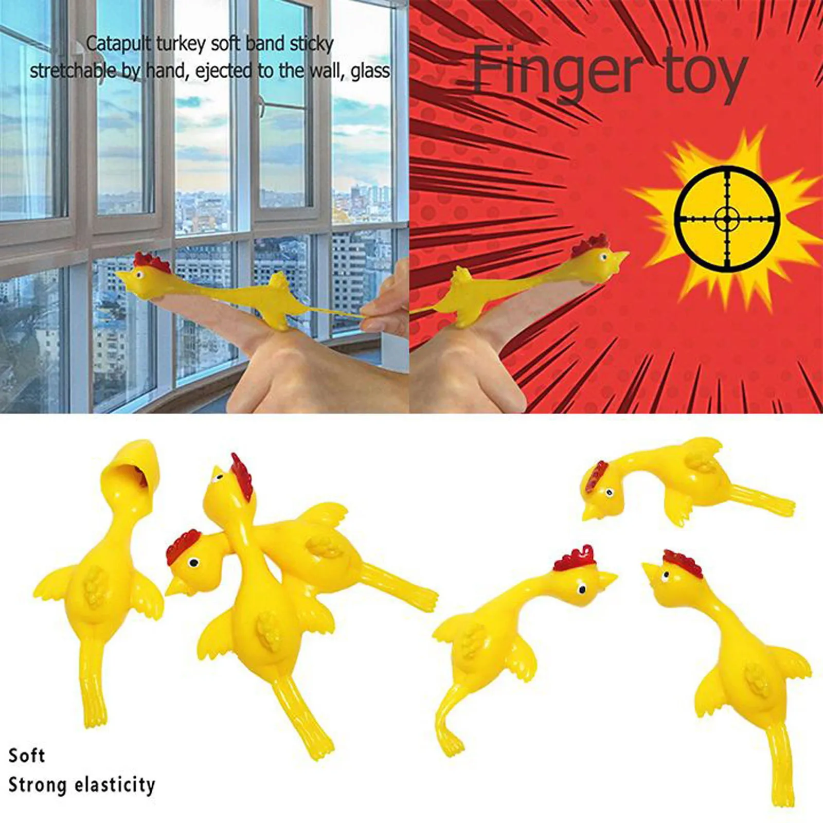 

5pc Novelty Catapulted Ejection Chicken Toy Light Rubber Finger Prank Flying Toy slingshot chicken finger toys Turkey Sticky