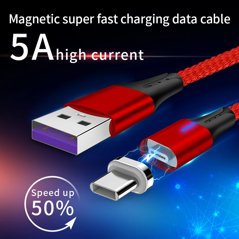 5А Магнитный кабель Micro usb type C светодиодный супер быстрый зарядный кабель для iPhone samsung huawei Xiaomi Android телефонный кабель 1 м