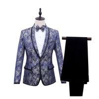 men shawl lapel 2 piece blazer set suit blue floral pattern jacquard wedding groom singers prom costume latest coat pant designs