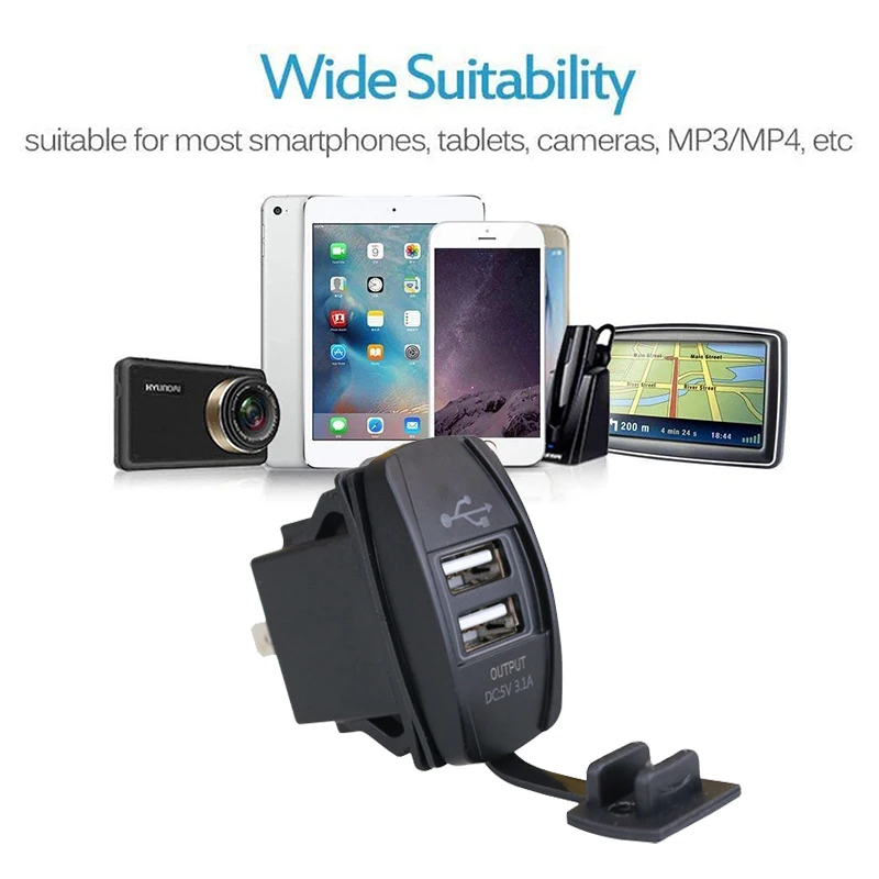 Автомобильное USB зарядное устройство 12-24 В водонепроницаемое 3 1 а с двумя