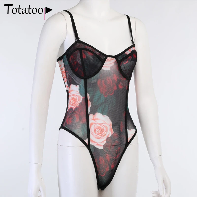 

Totatoop Sleeveless Strap Rose Floral Mesh Sexy Bodysuit Women 2020 Backless Fitness See Through Jumpsuit Clubwear Overalls