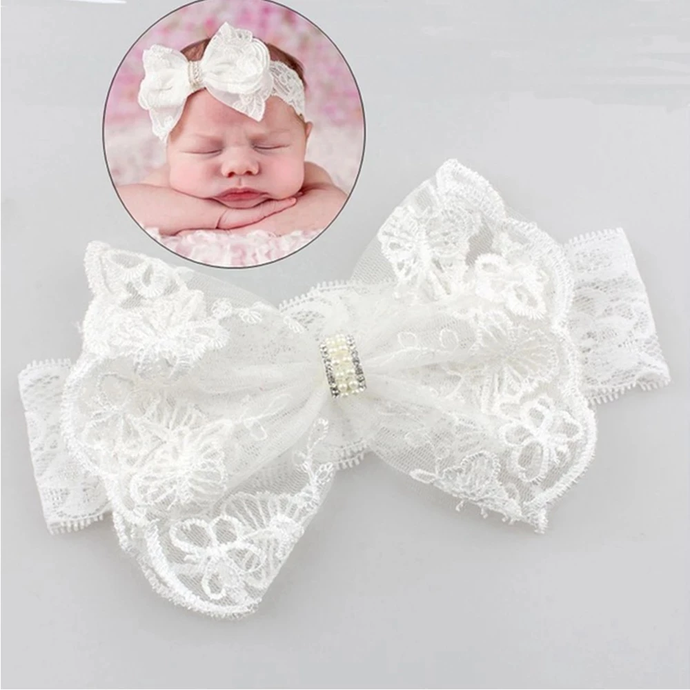

White Lace Crystal Bows Flower Baby Headbands for Girl Elastic Baby Accessories Kids Headwear Newborn Hairbands Photography Prop